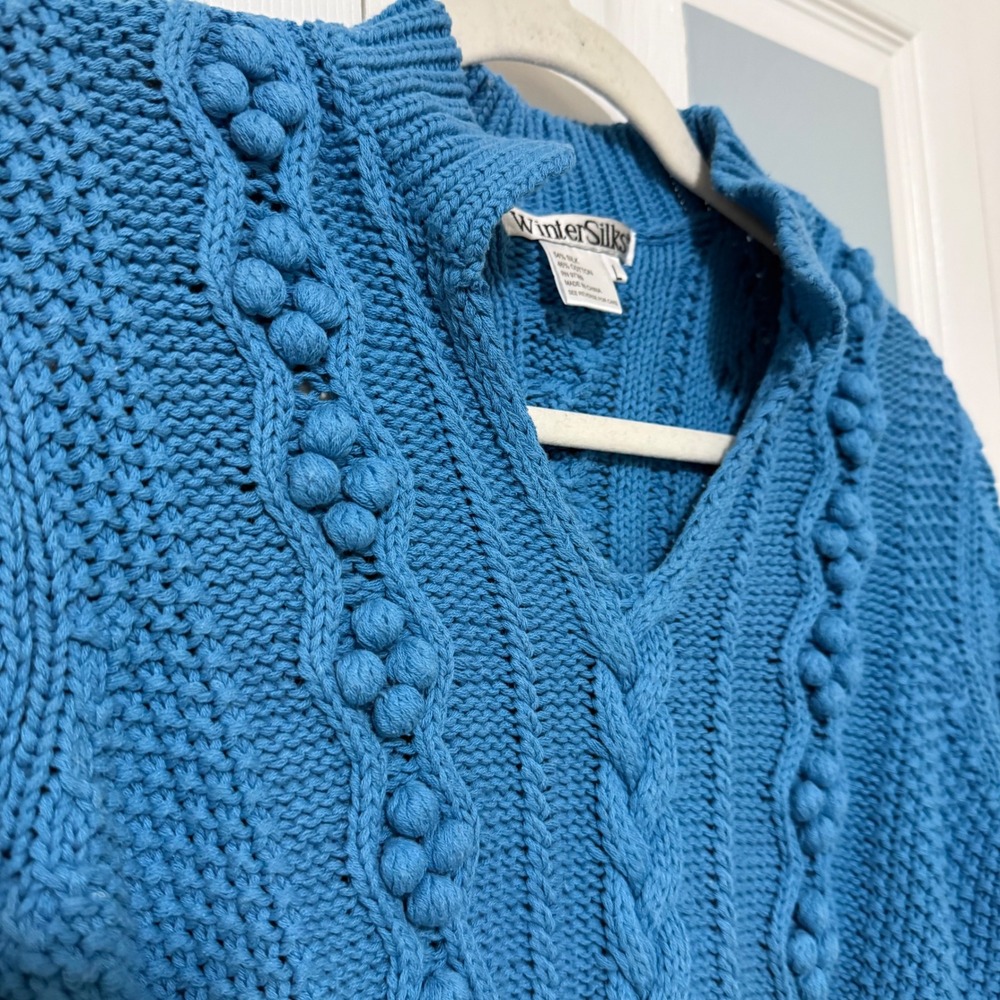 WinterSilks‎ Turquoise Blue Cable Knit Bobble Silk Cotton Blend Sweater Size L - Picture 4 of 6